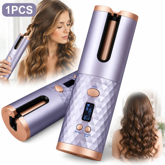 Portable Automatic Hair Curler, Ceramic Rotating Wireless Auto Curling Iron Wand,  Portable USB Rechargeable Spin Curler for Hair Styling (Purple)